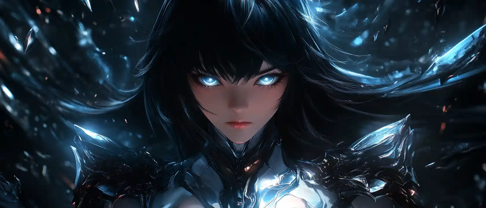 Ragazza anime 3D triste con veste corazzata luminosa