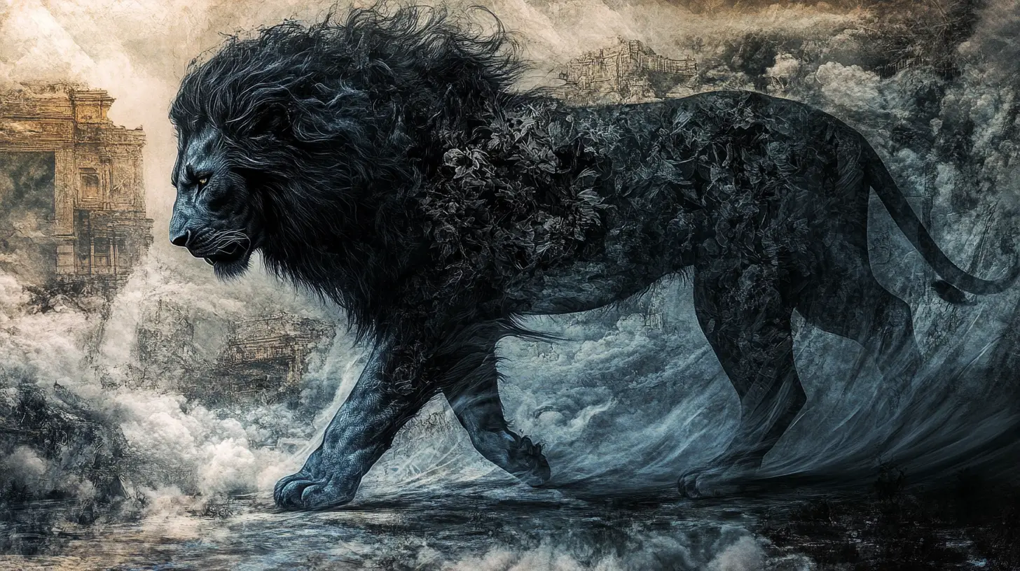Surreale schwarze Löwenillusion in einer vielschichtigen Szene