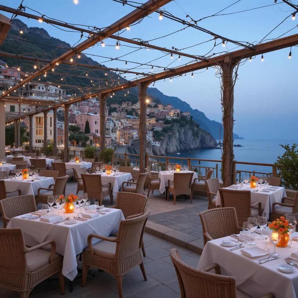 Cena romántica en terraza con vistas a un pueblo costero italiano sobre el acantilado