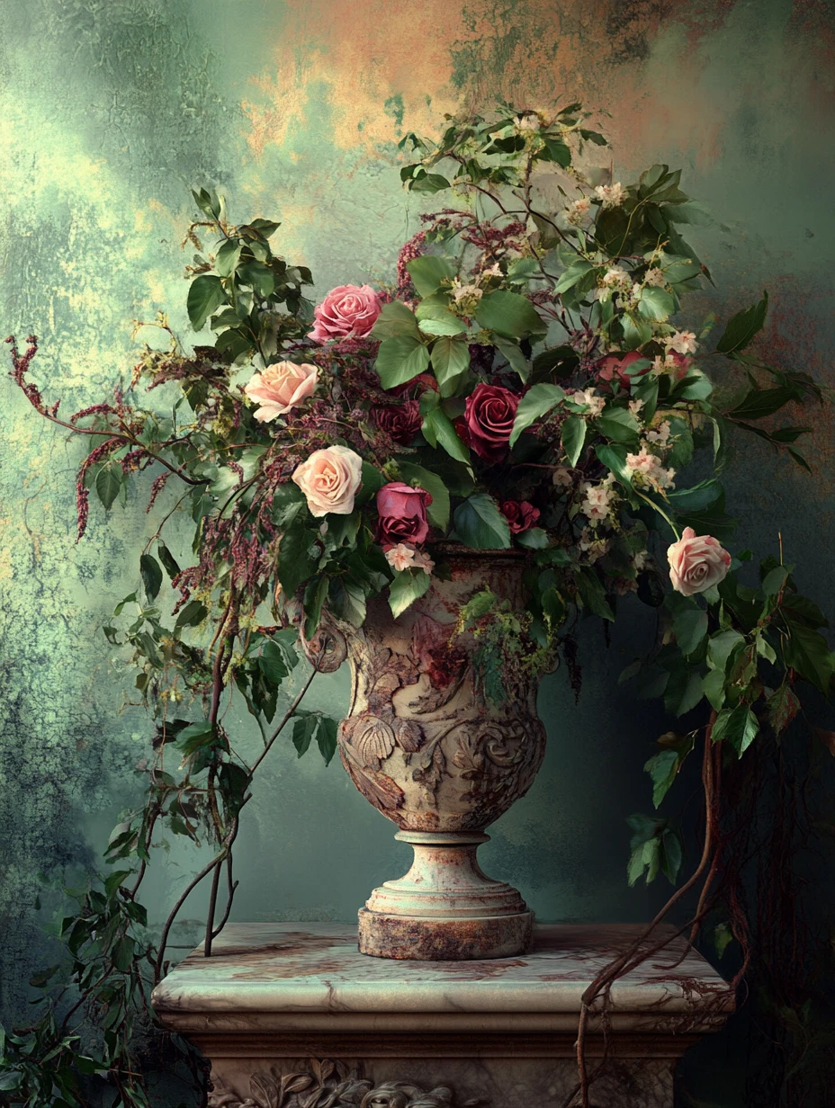 Baroque floral still life with weathered vase and molding wall