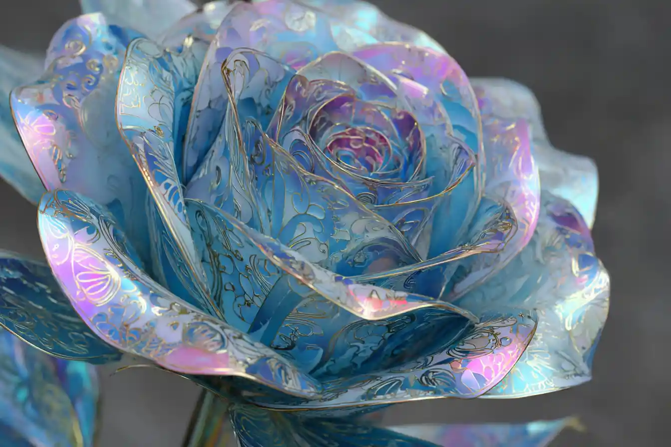 Scultura di rosa metallica con luminosa palette di colori glaciale
