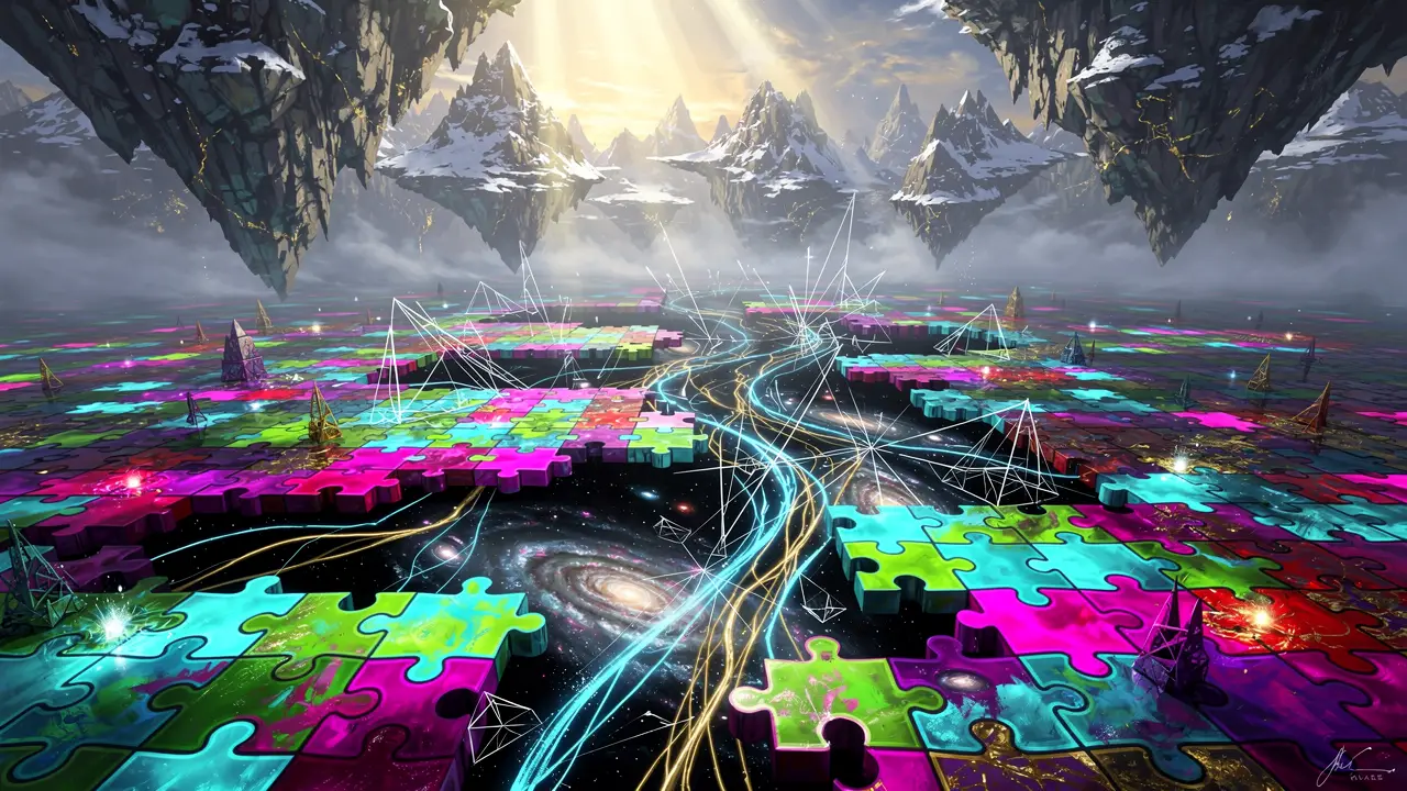 Surreale Neon-Puzzle-Landschaft über kosmischer Leere