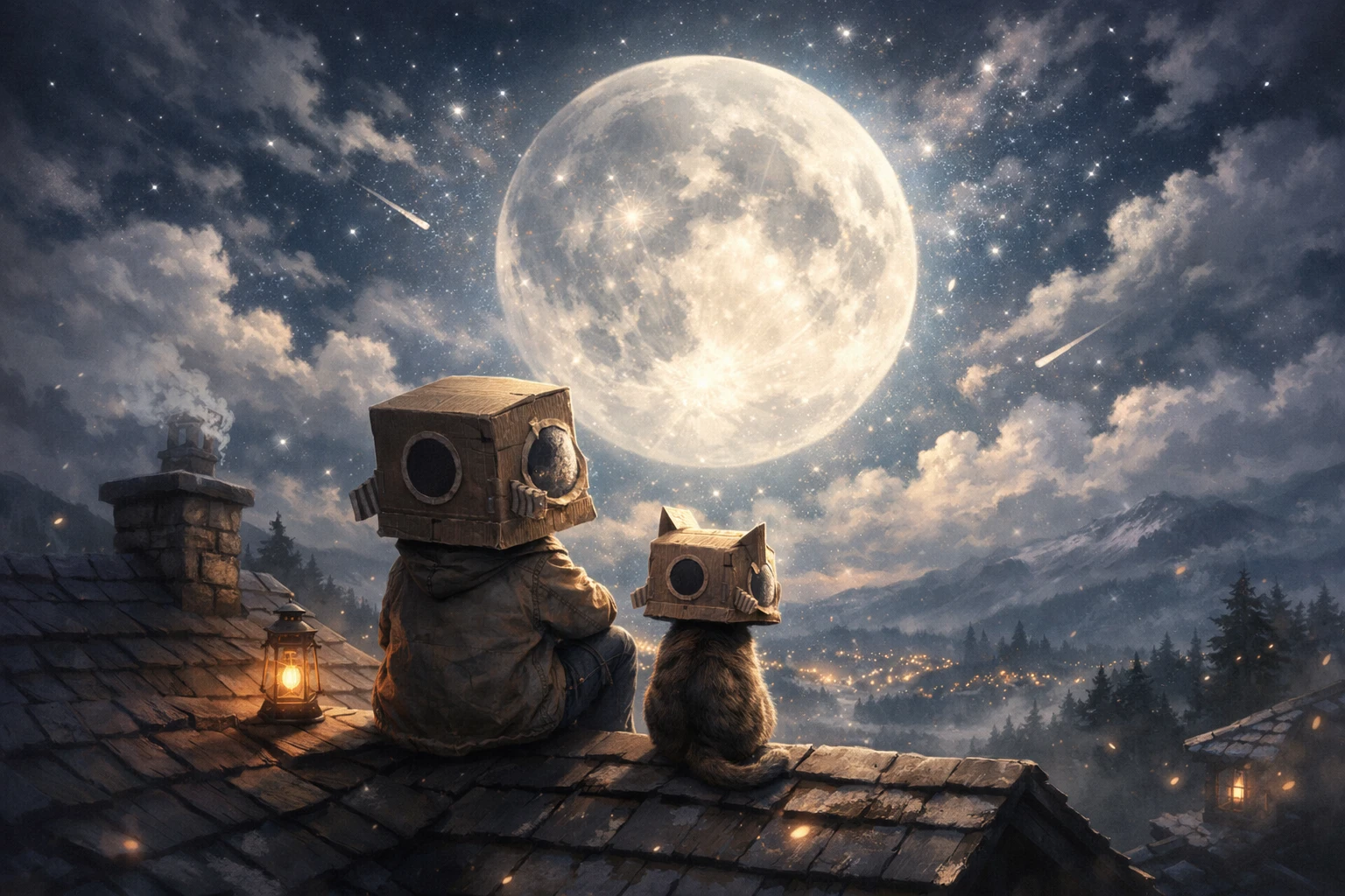 Enfant et Chat avec Casques en Carton sous la Lune
