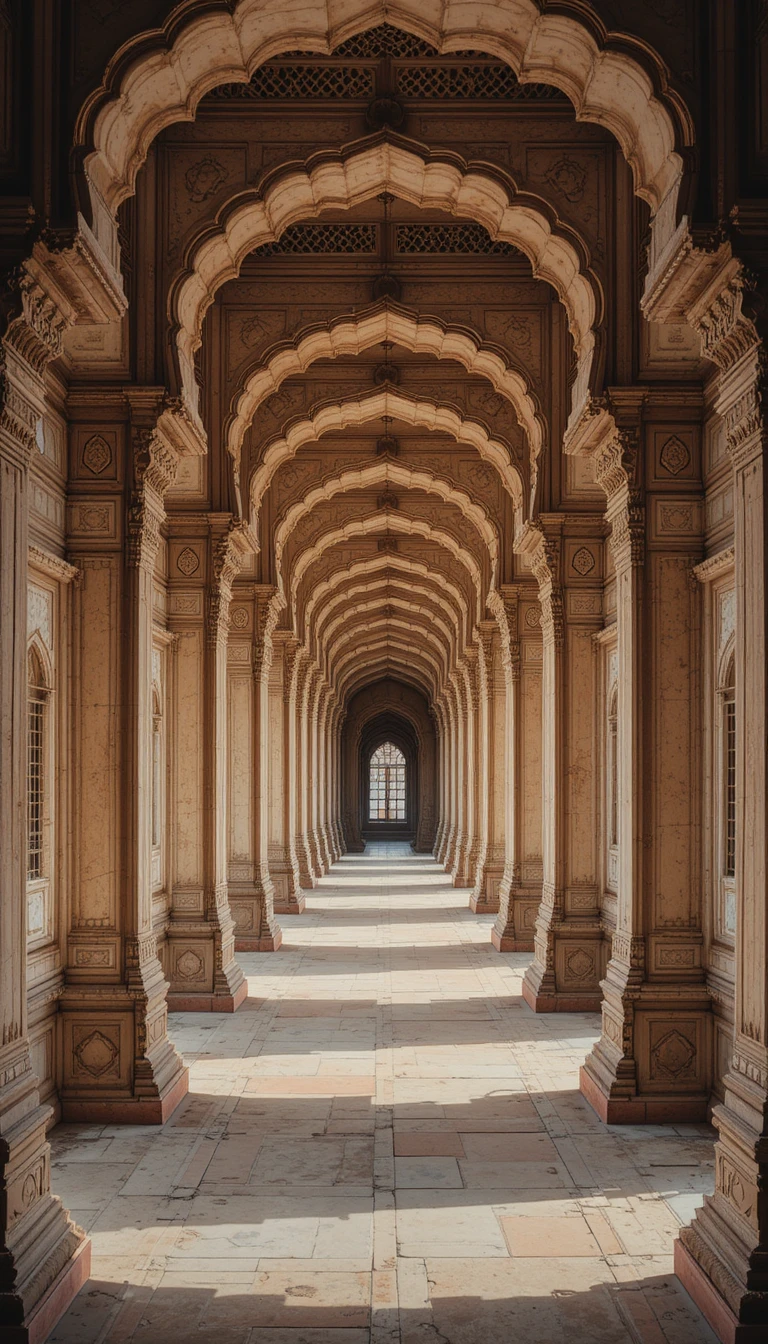 Vista cinematográfica através dos arcos do corredor do palácio de Jaipur
