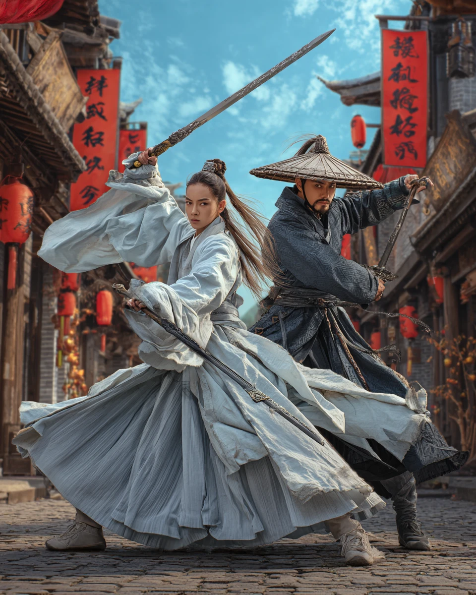 Artistas marciais se enfrentam na praça de uma antiga cidade aquática chinesa