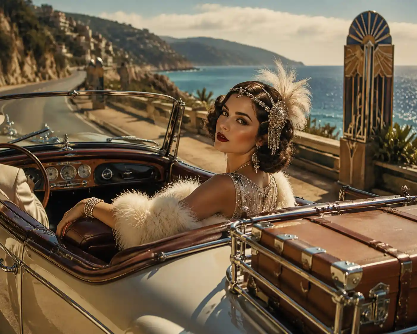 Flapper style woman in a vintage convertible on coastal road