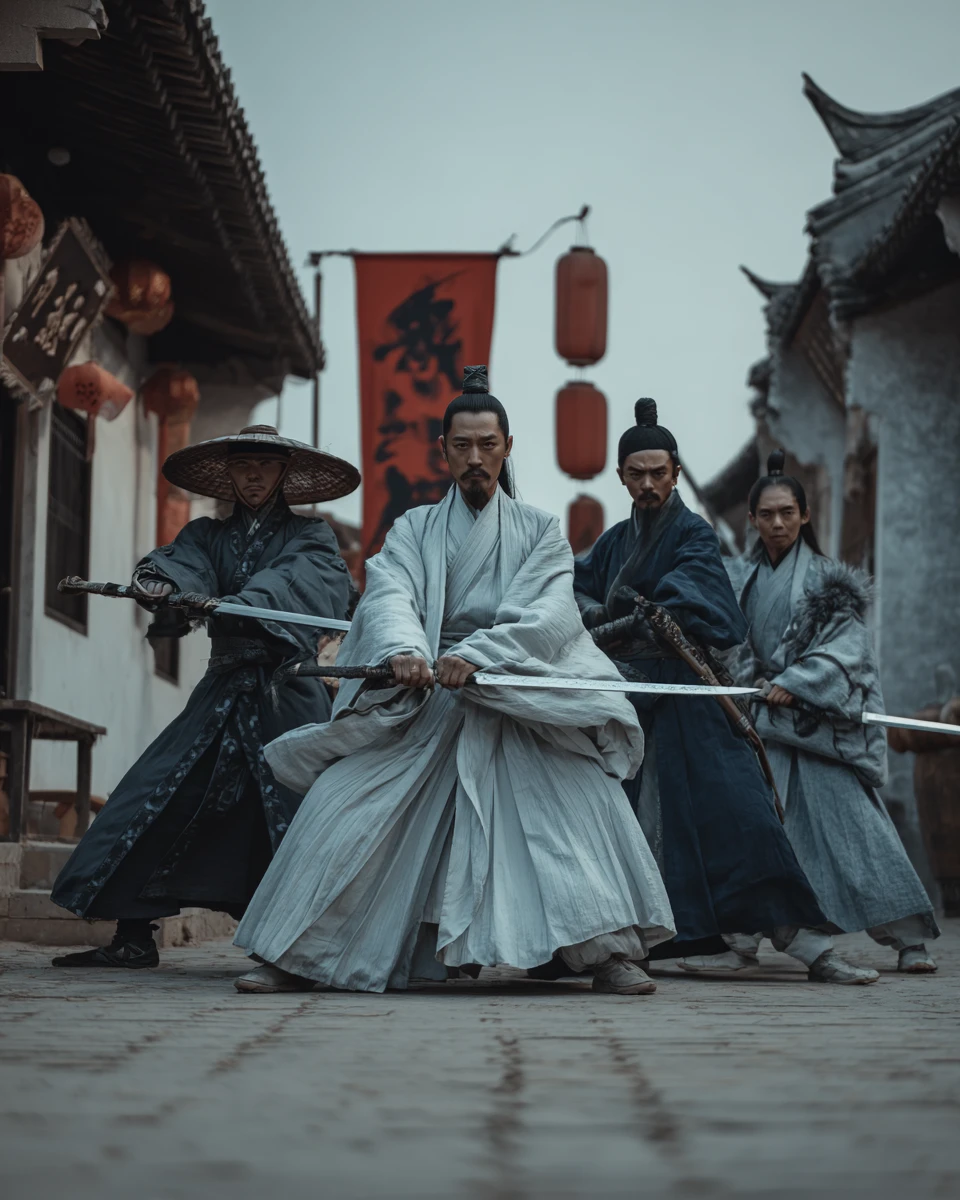 Artistas marciais em confronto em uma antiga cidade aquática chinesa