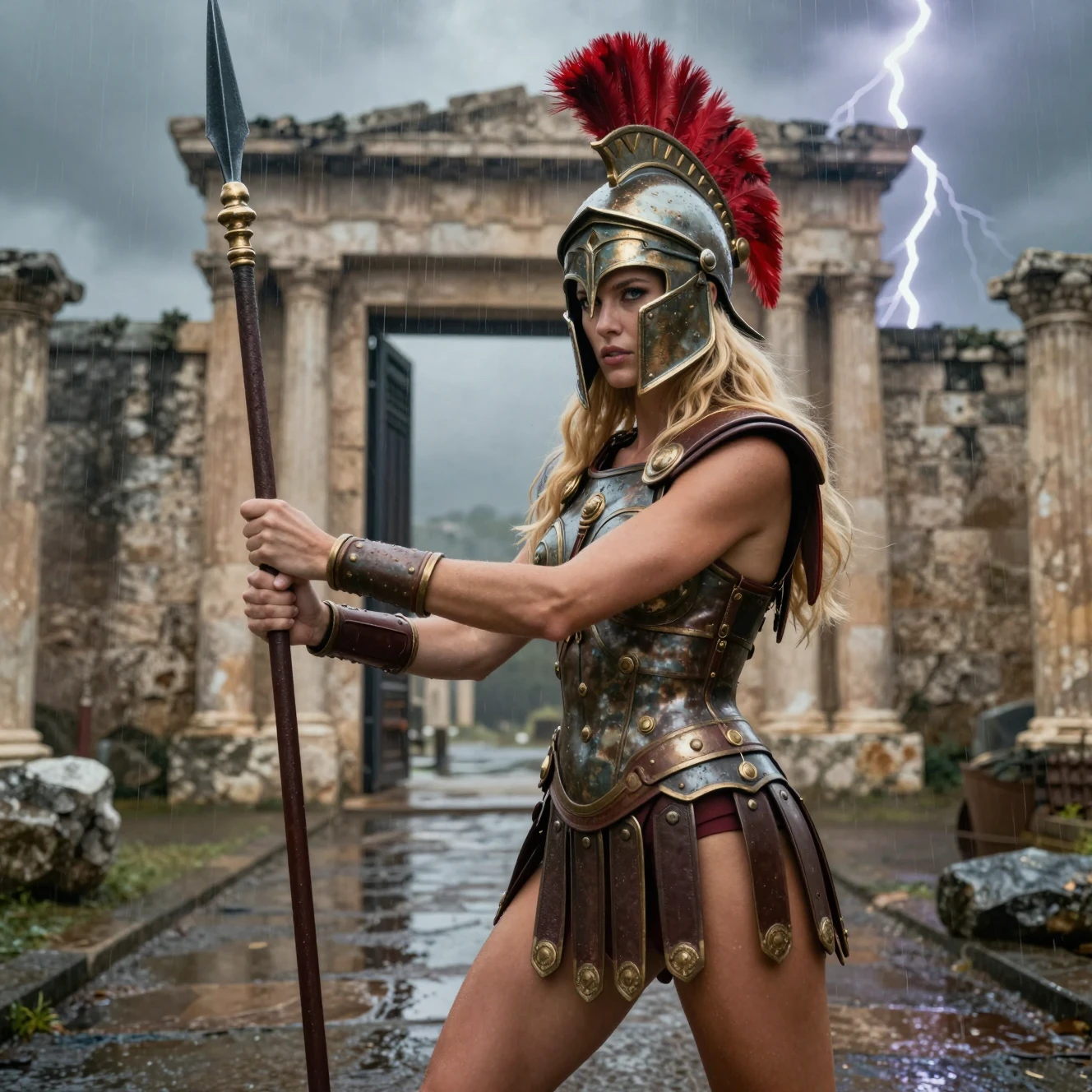 Guerrera rubia con armadura espartana ante la puerta de la ciudad
