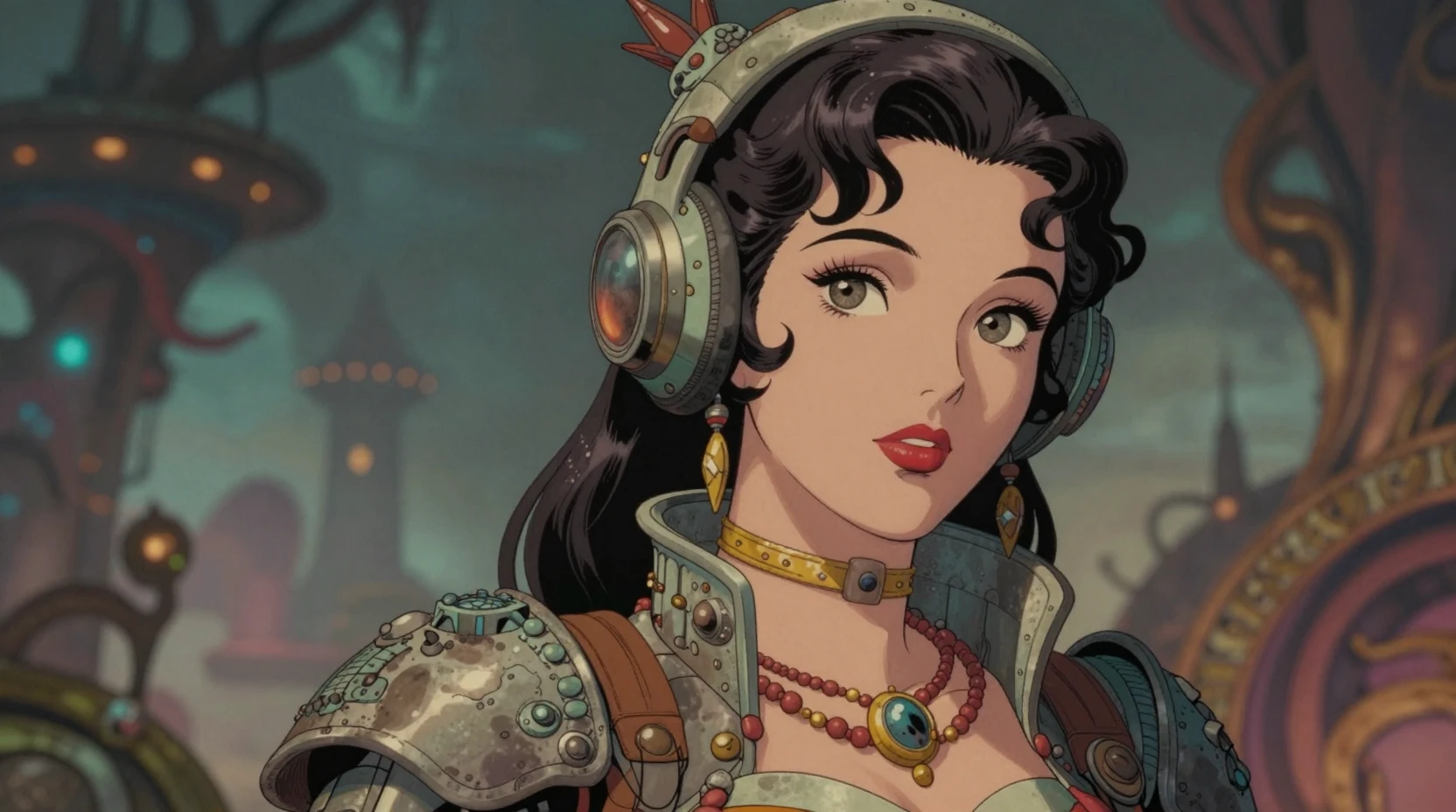 Retro futuristic fantasy heroine in a soft dreamscape