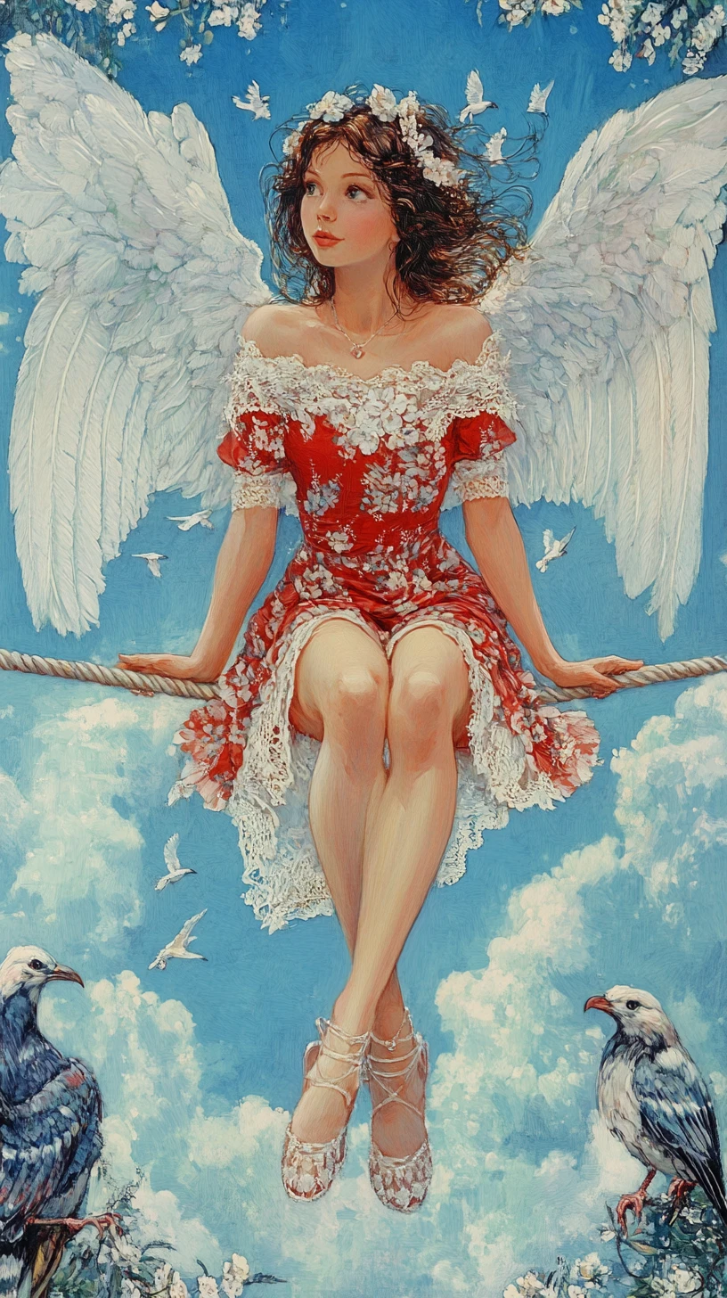 Garota alada equilibrando-se em uma corda em um céu dos sonhos