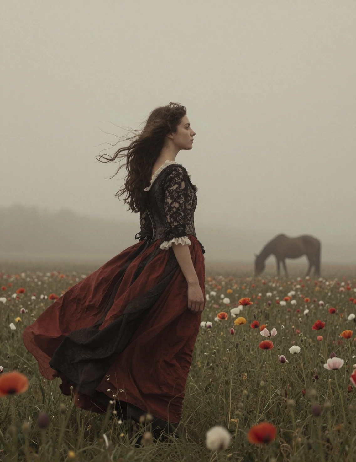 Femme en robe ornée debout seule dans un champ de fleurs