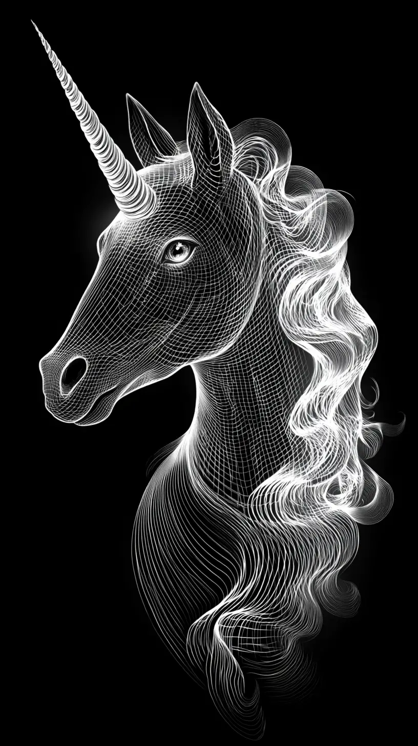 Elegante profilo di unicorno con corno luminoso su sfondo nero