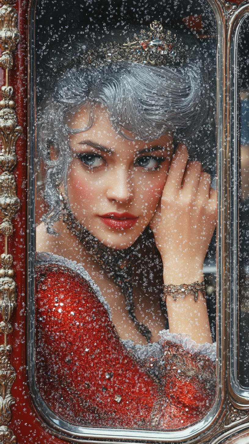 Elegant woman in a red corset gazing from carriage window
