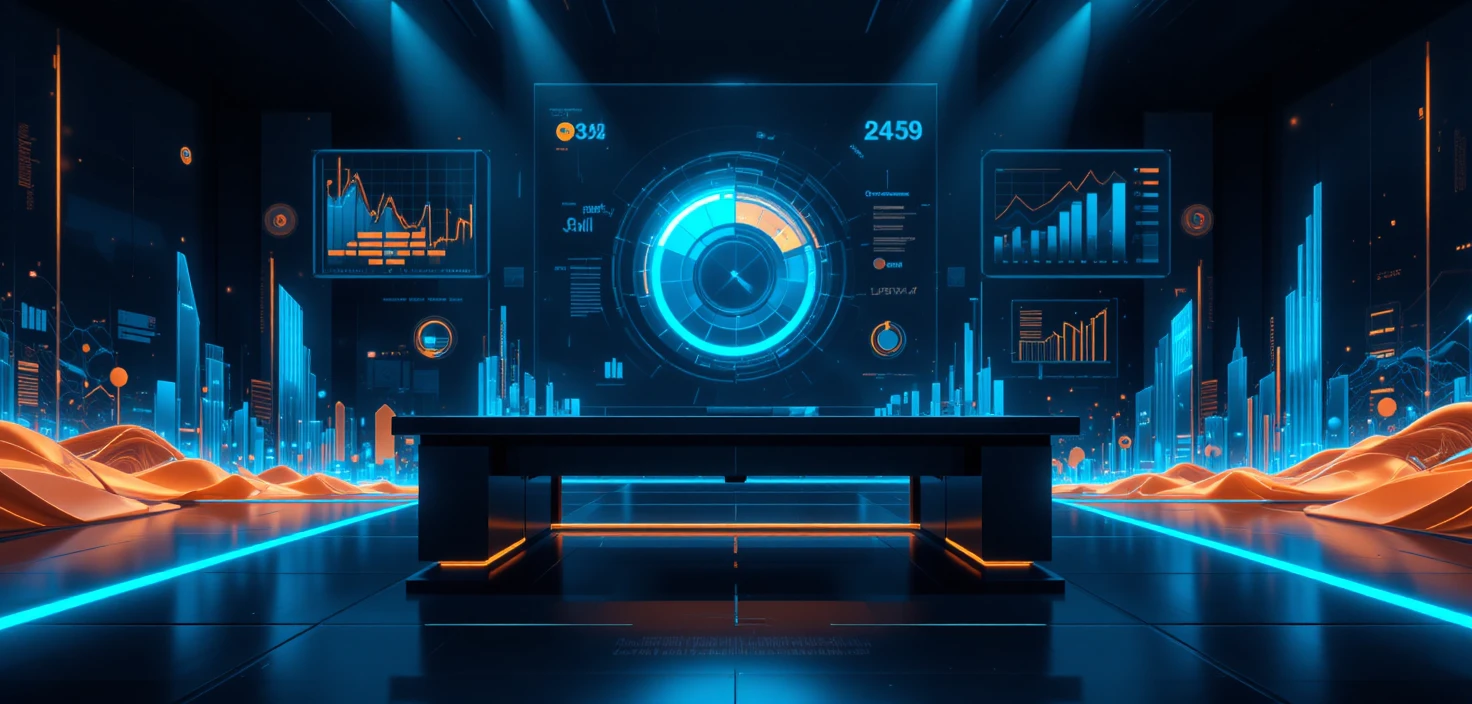 Futuristisches Unternehmensbanner mit holografischen Finanzdiagrammen
