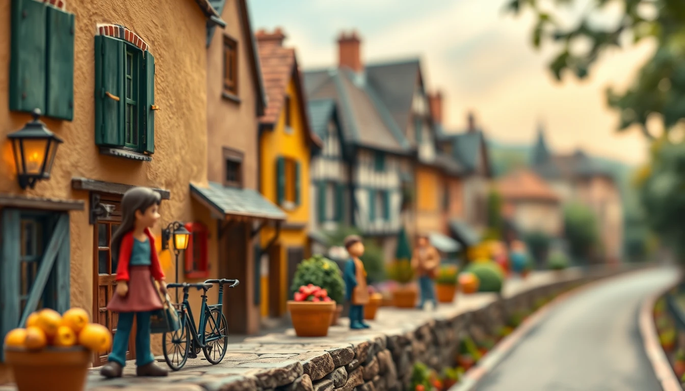 Ciclistas de argila brincalhões correndo por uma rua de vila francesa