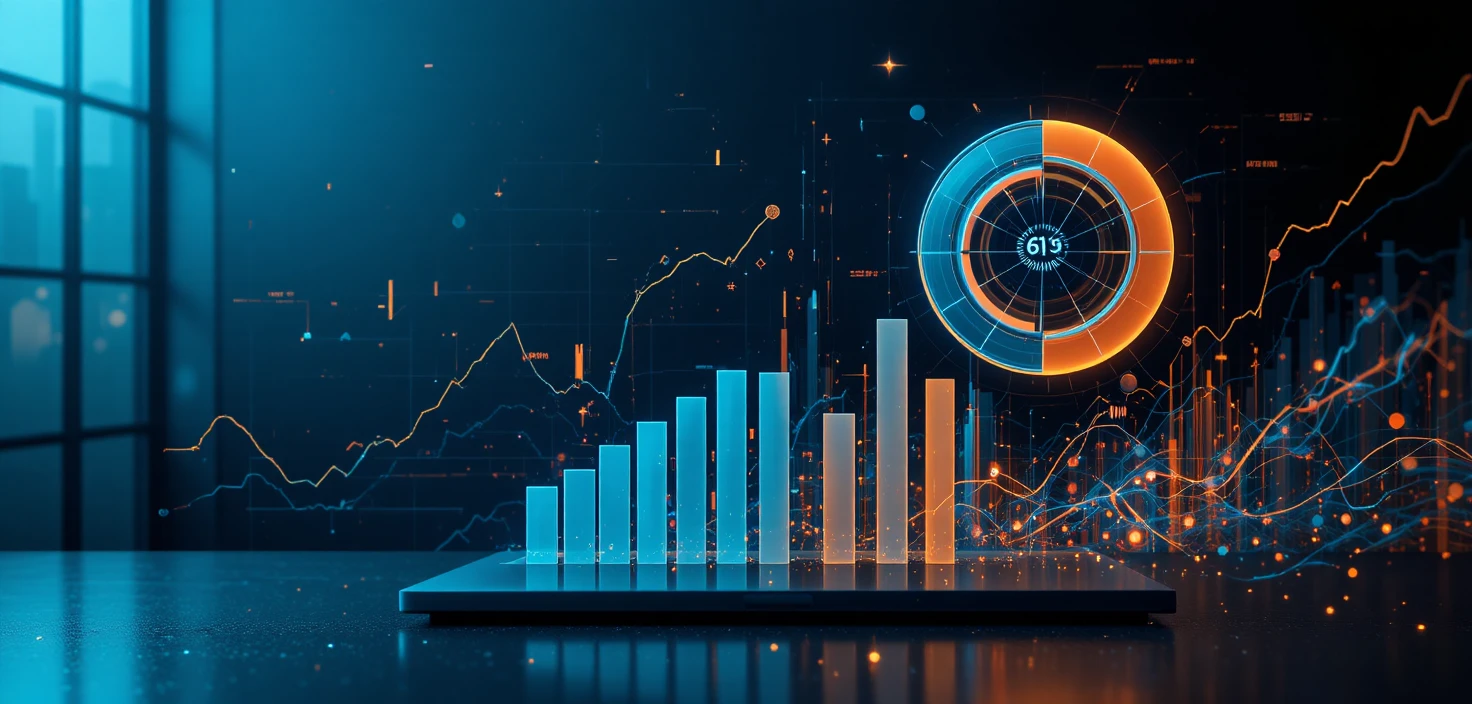 Unternehmensbanner mit 3D-Finanzdiagrammen und holografischem Kreisdiagramm