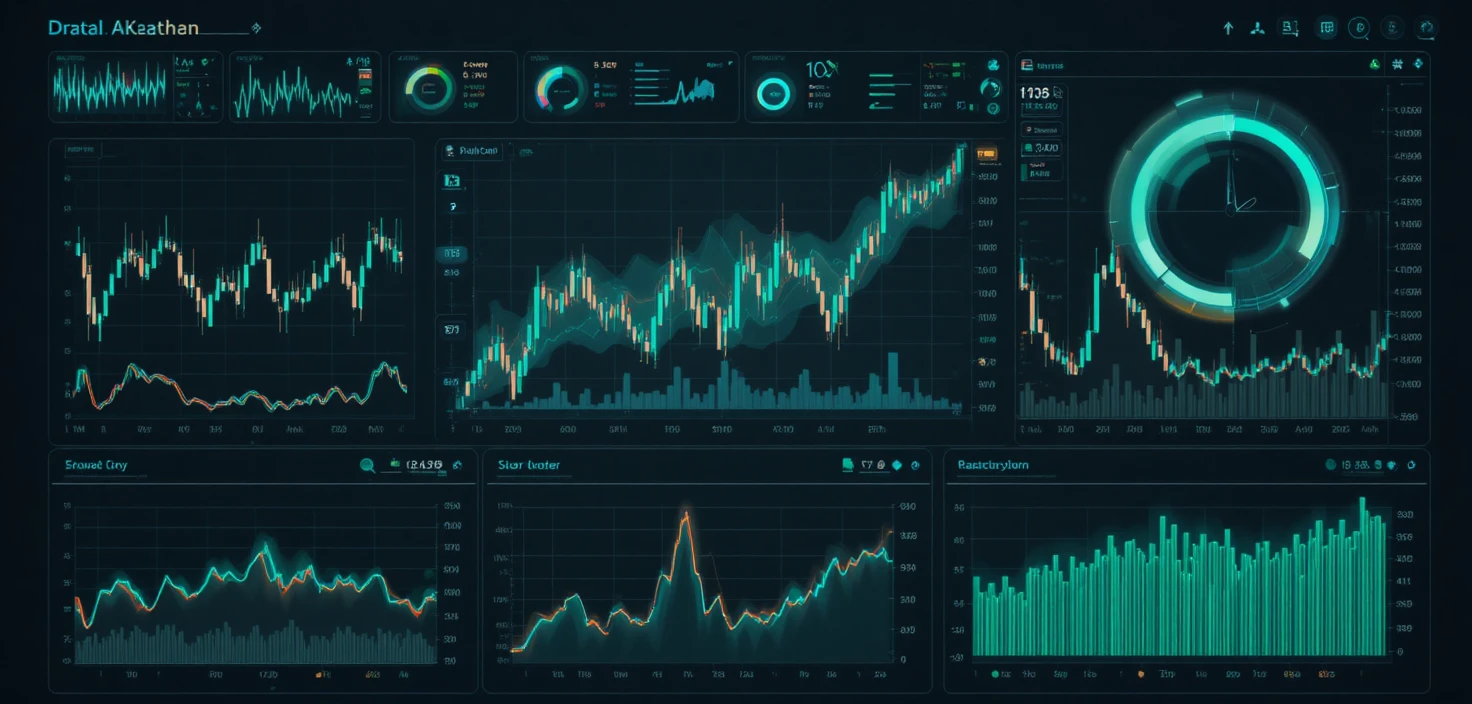 Dashboard di analisi dati scura con grafici azionari luminosi