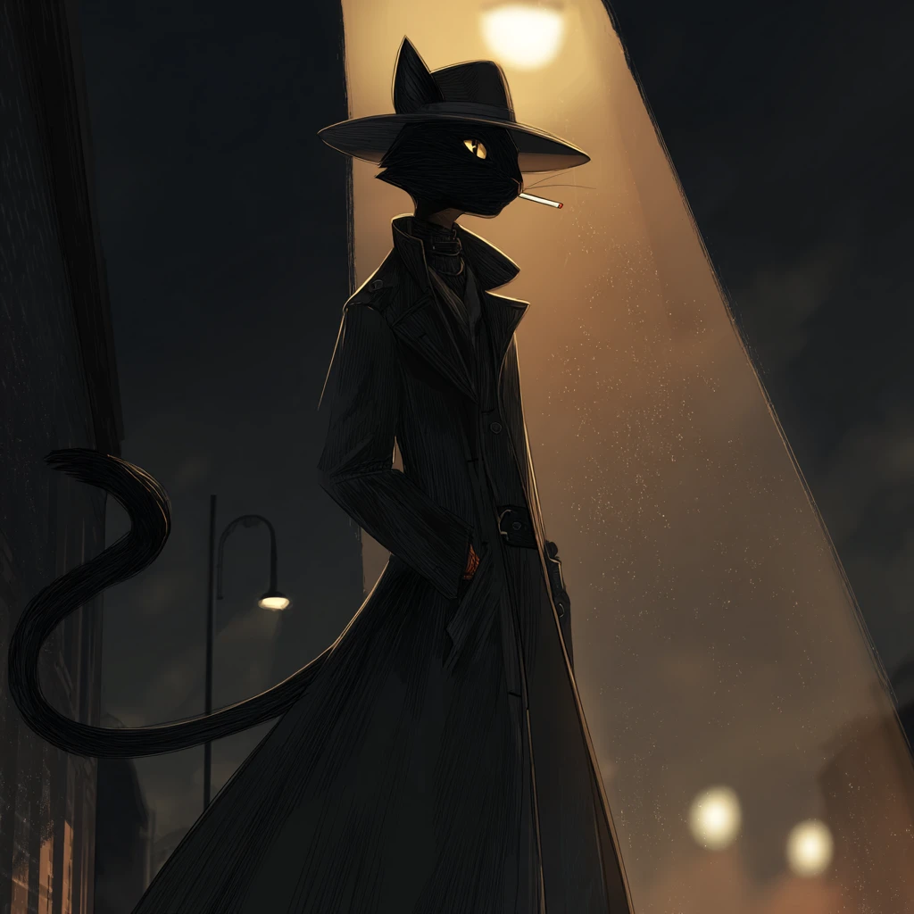 Gato preto de sobretudo sob um poste de luz urbano sombrio