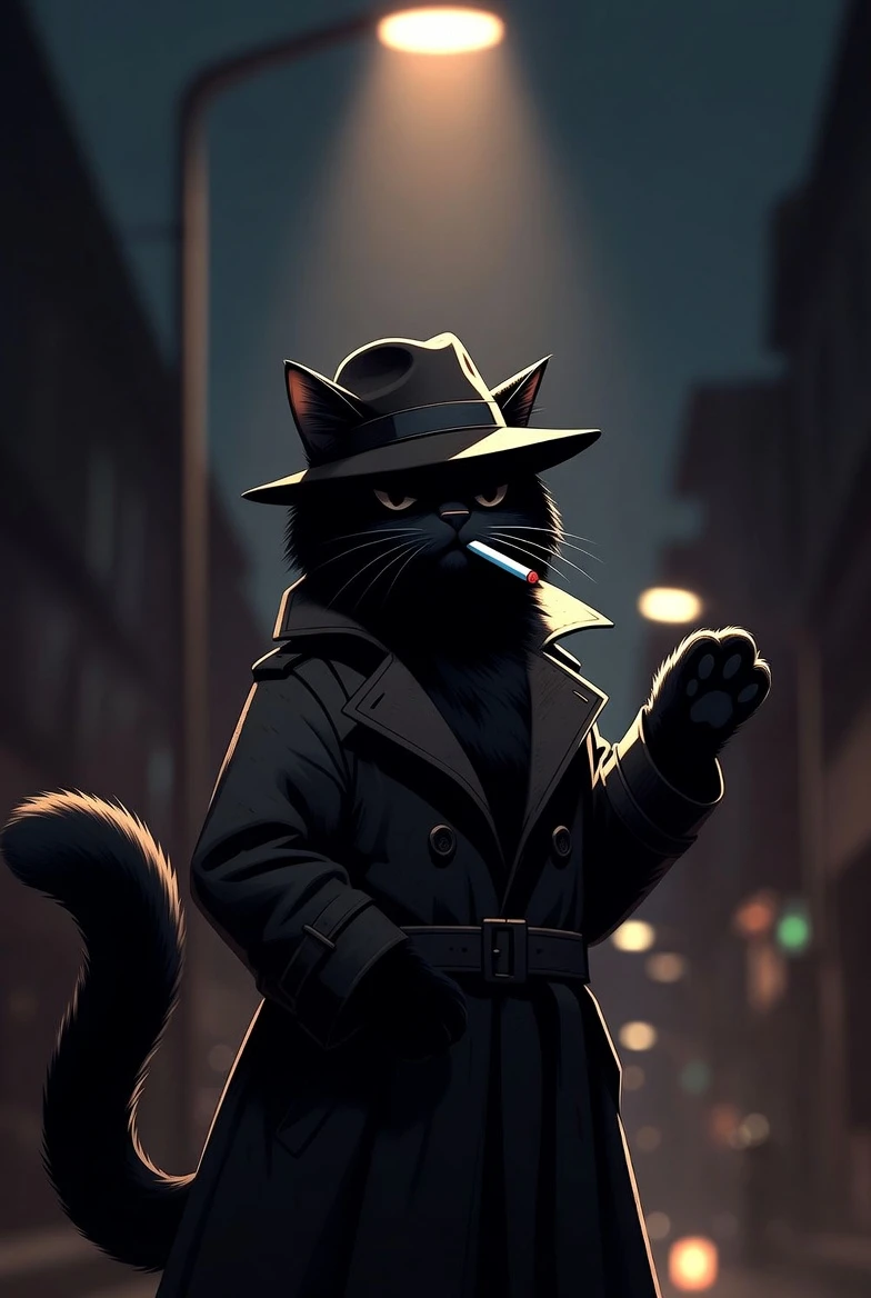Black cat detective under a lonely city streetlight