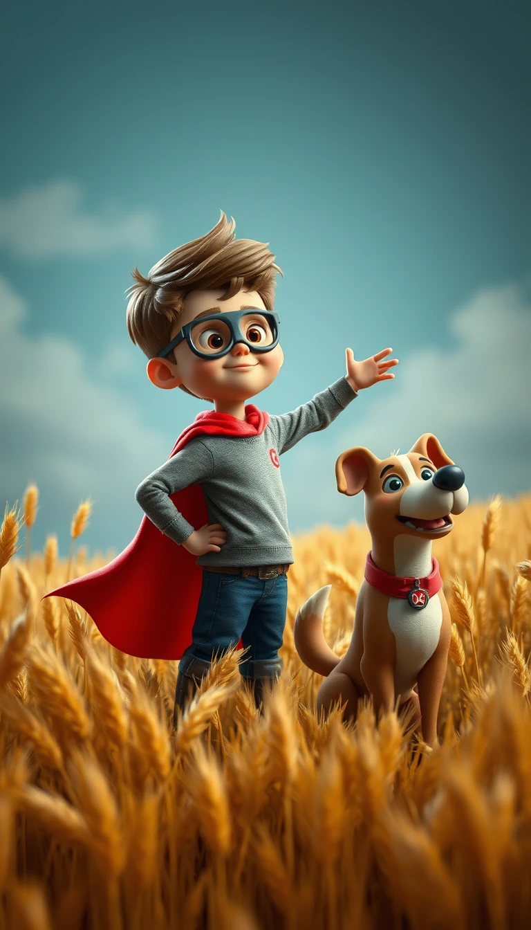 Niño superhéroe con perro en un campo de trigo dorado