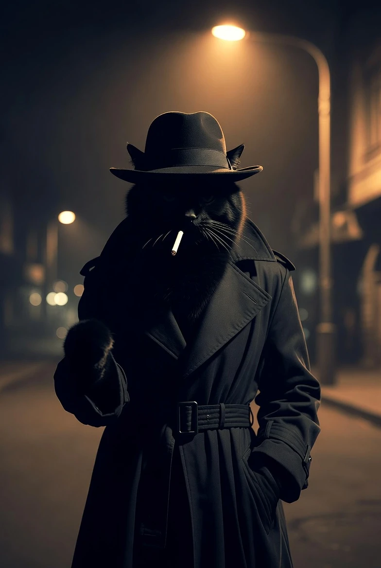 Schwarze Trenchcoat-Katze unter einer einsamen Straßenlaterne