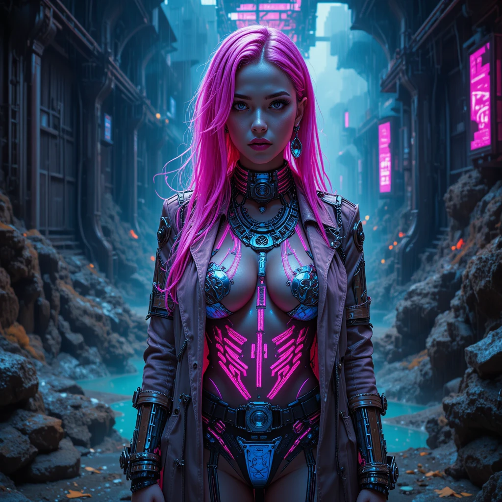 Mulher rebelde cyberpunk em um oásis de reator subterrâneo