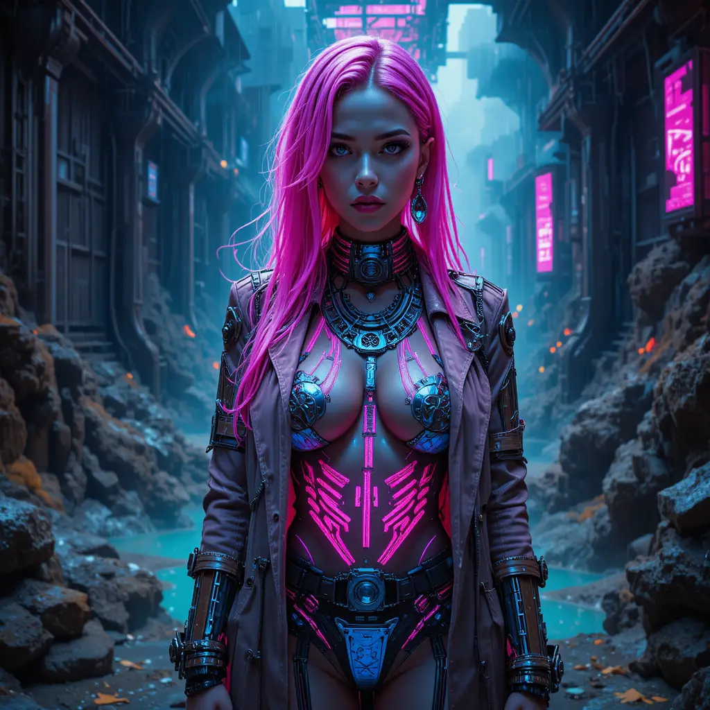 Donna ribelle cyberpunk in un'oasi di reattore sotterranea