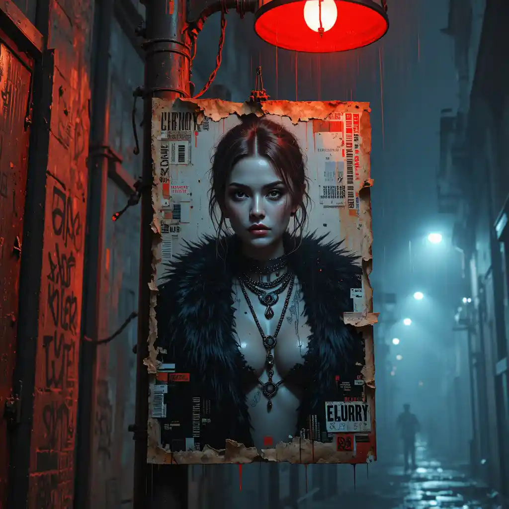 Zerrissenes Poster einer Cyberpunk-Femme-fatale in nebliger Gasse