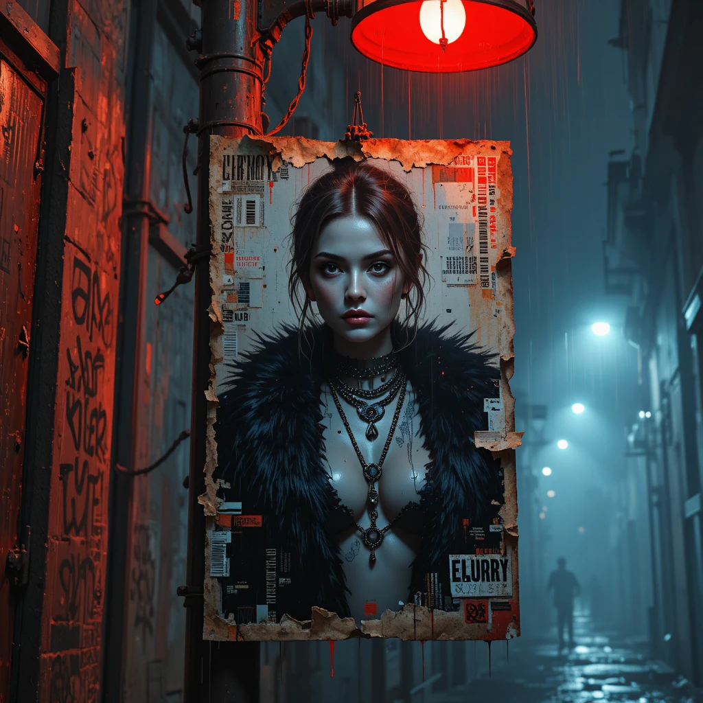 Zerrissenes Poster einer Cyberpunk-Femme-fatale in nebliger Gasse