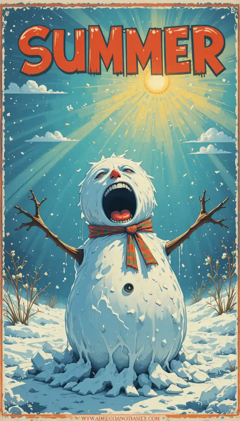 Bonhomme de neige en train de fondre sous les rayons d’un soleil d’été éclatant