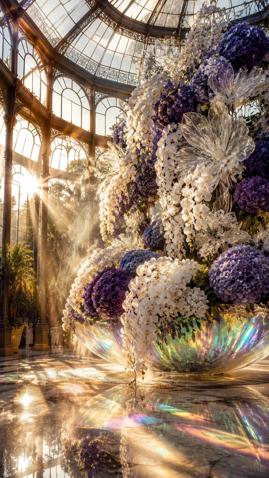 Floral waterfall inside a victorian glass conservatory