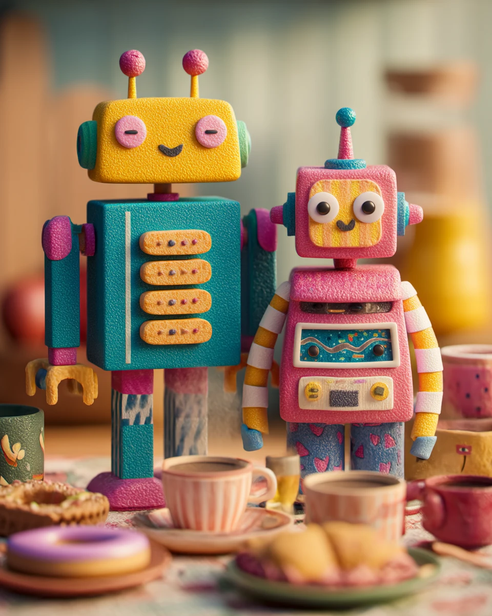 Bunte Roboterfamilie bei einem verspielten Miniaturfestmahl