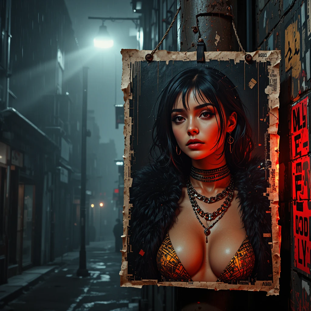 Poster strappato di una donna cyberpunk su un lampione in un vicolo nebbioso