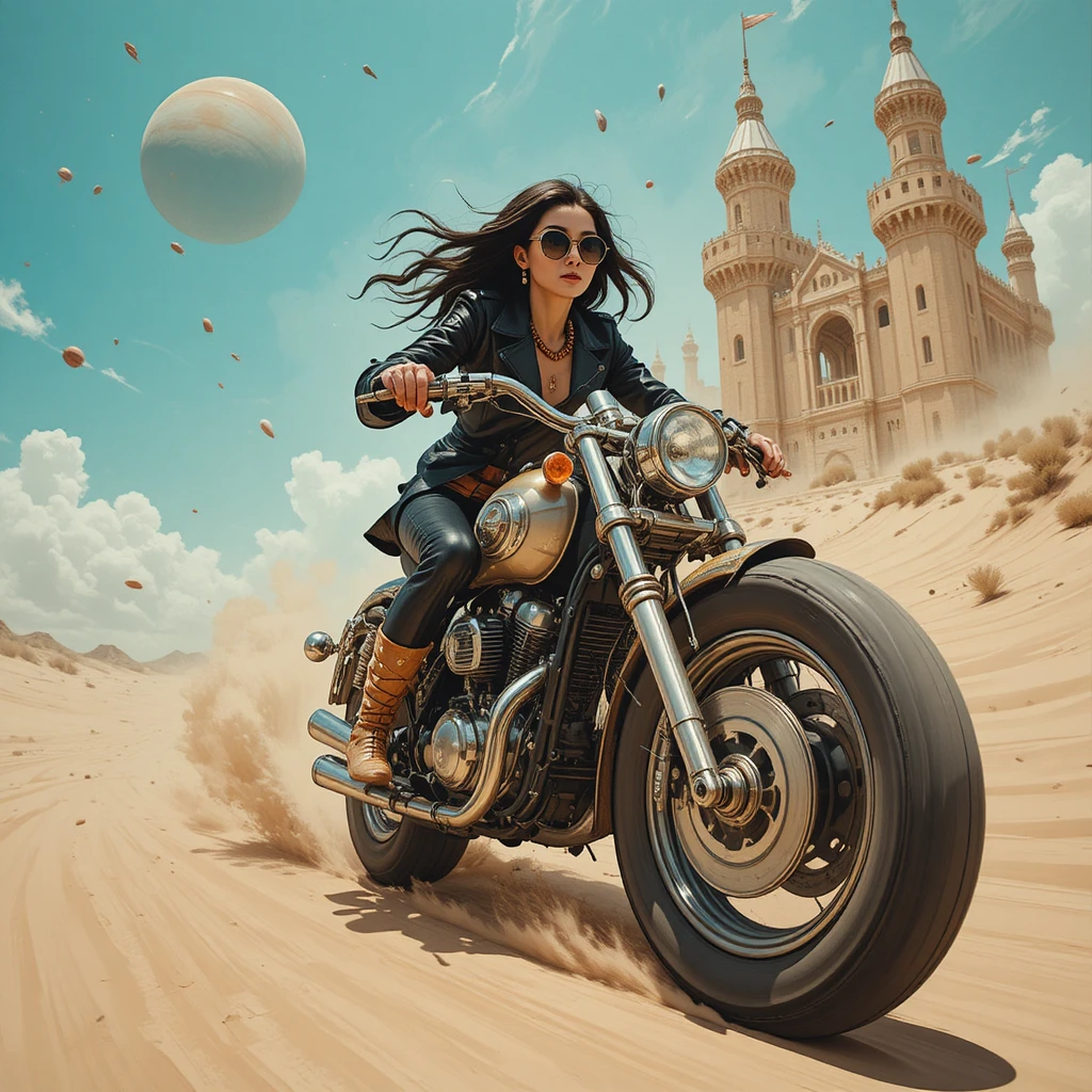 Donna anziana elegante che sfreccia in moto sulla sabbia del deserto
