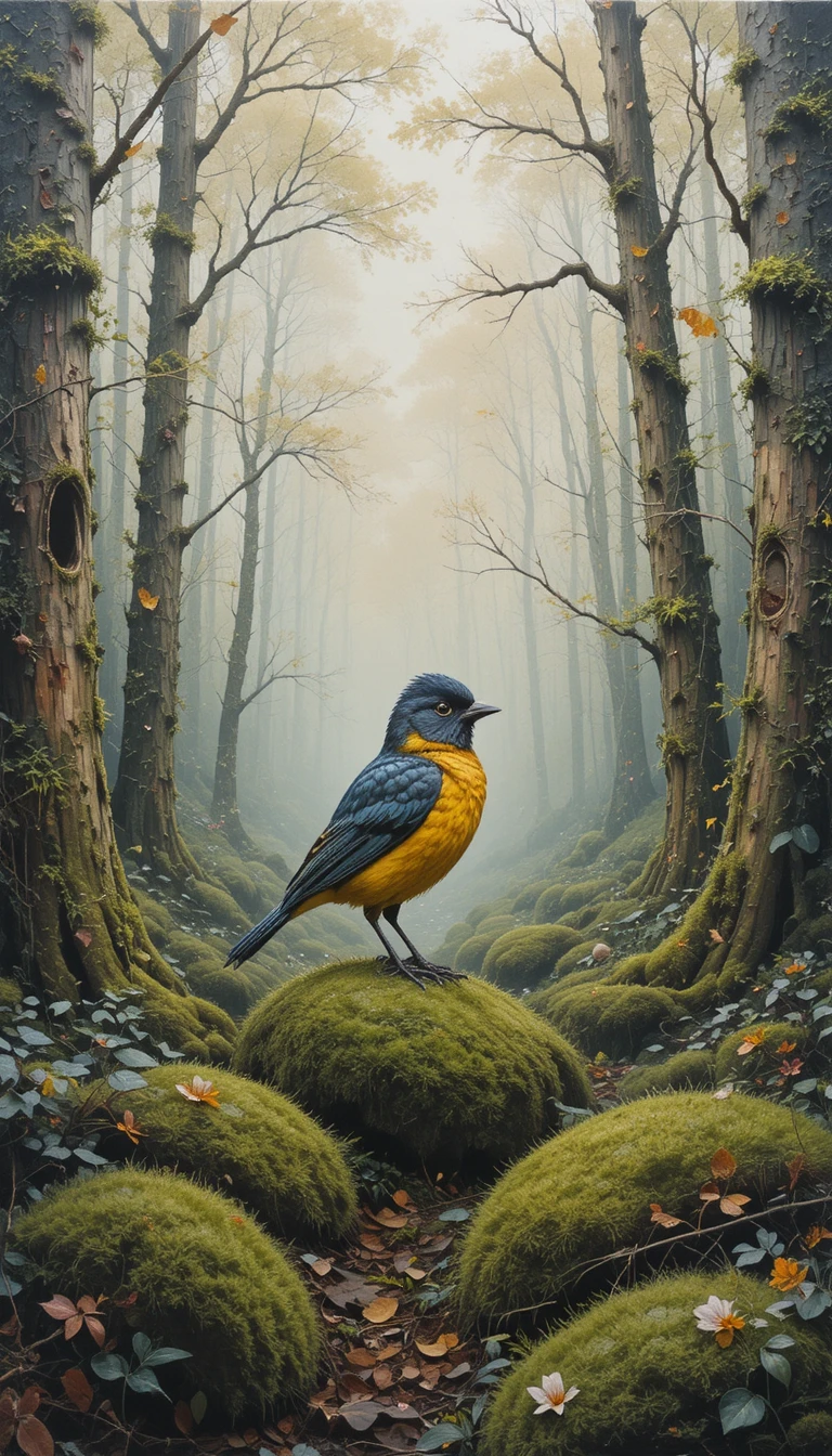 Pássaro descansando em uma floresta coberta de musgo – pintura em colagem