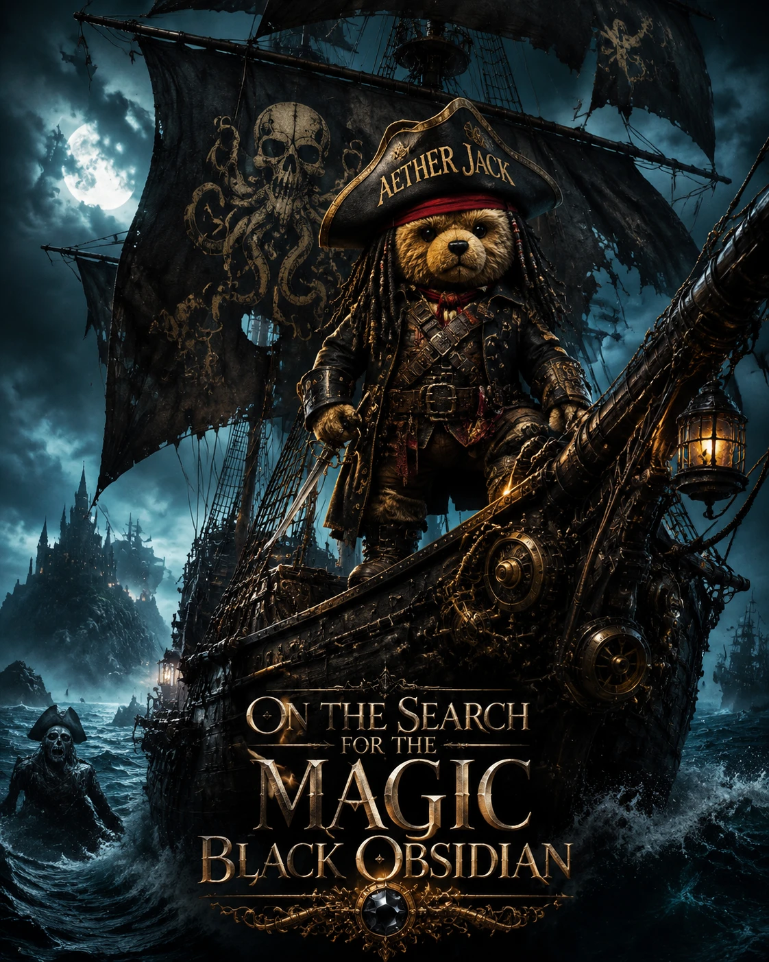 Urso de pelúcia pirata steampunk em navio assombrado de obsidiana