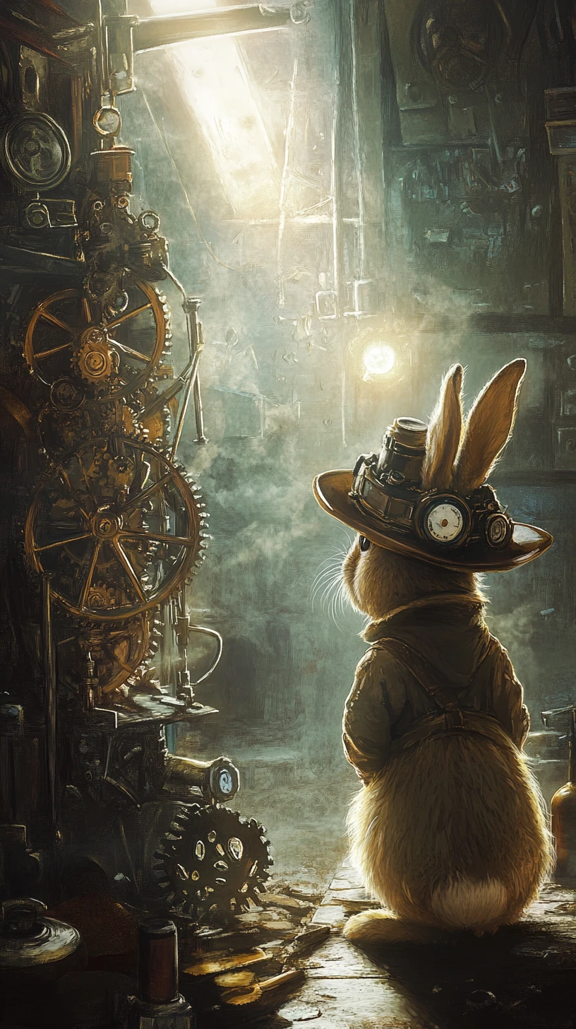 Coelho com chapéu steampunk estuda engrenagens em oficina escura