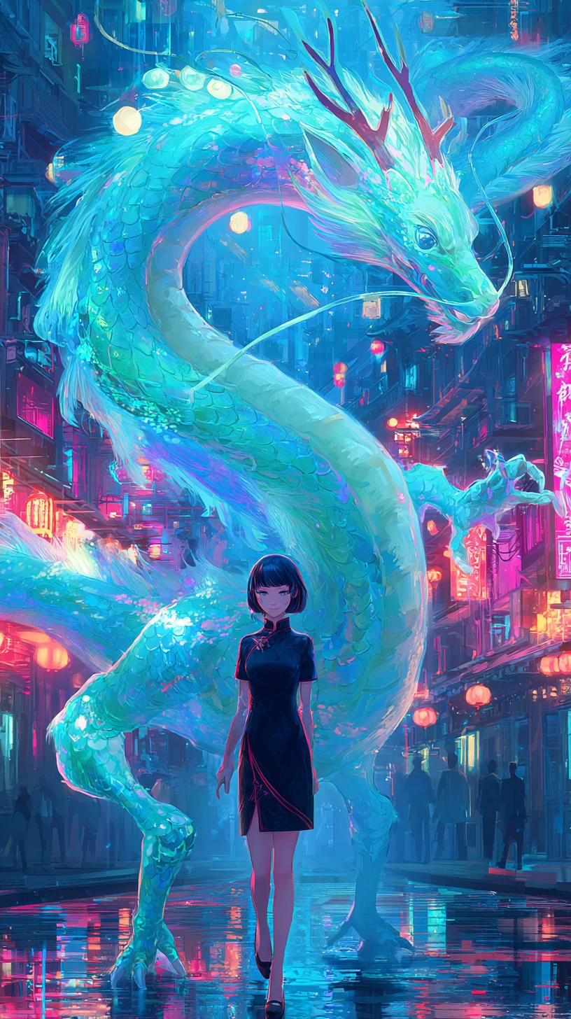霓虹賽博龐克街頭上的中國龍與守護女子