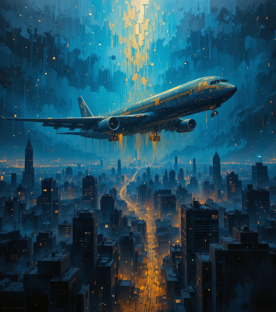 Surrealer postimpressionistischer Flughafen über einer versunkenen Stadtlandschaft