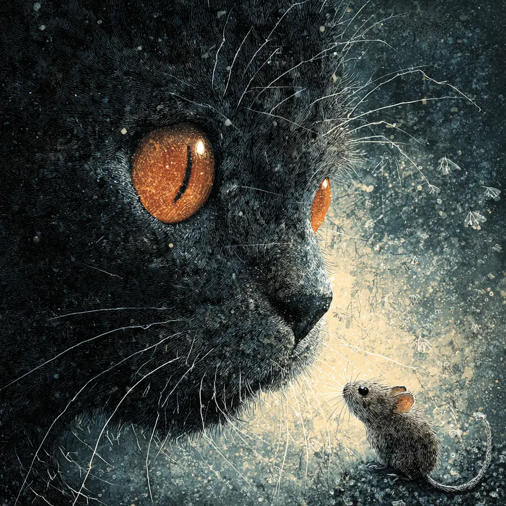Süße Katze mit großen Augen trifft eine winzige Maus