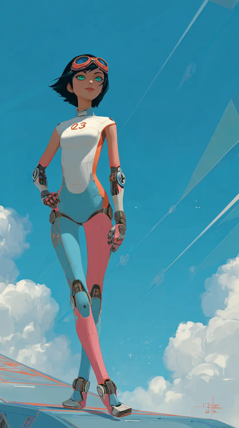 Donna cyborg su piattaforma fluttuante sopra un cielo ceruleo