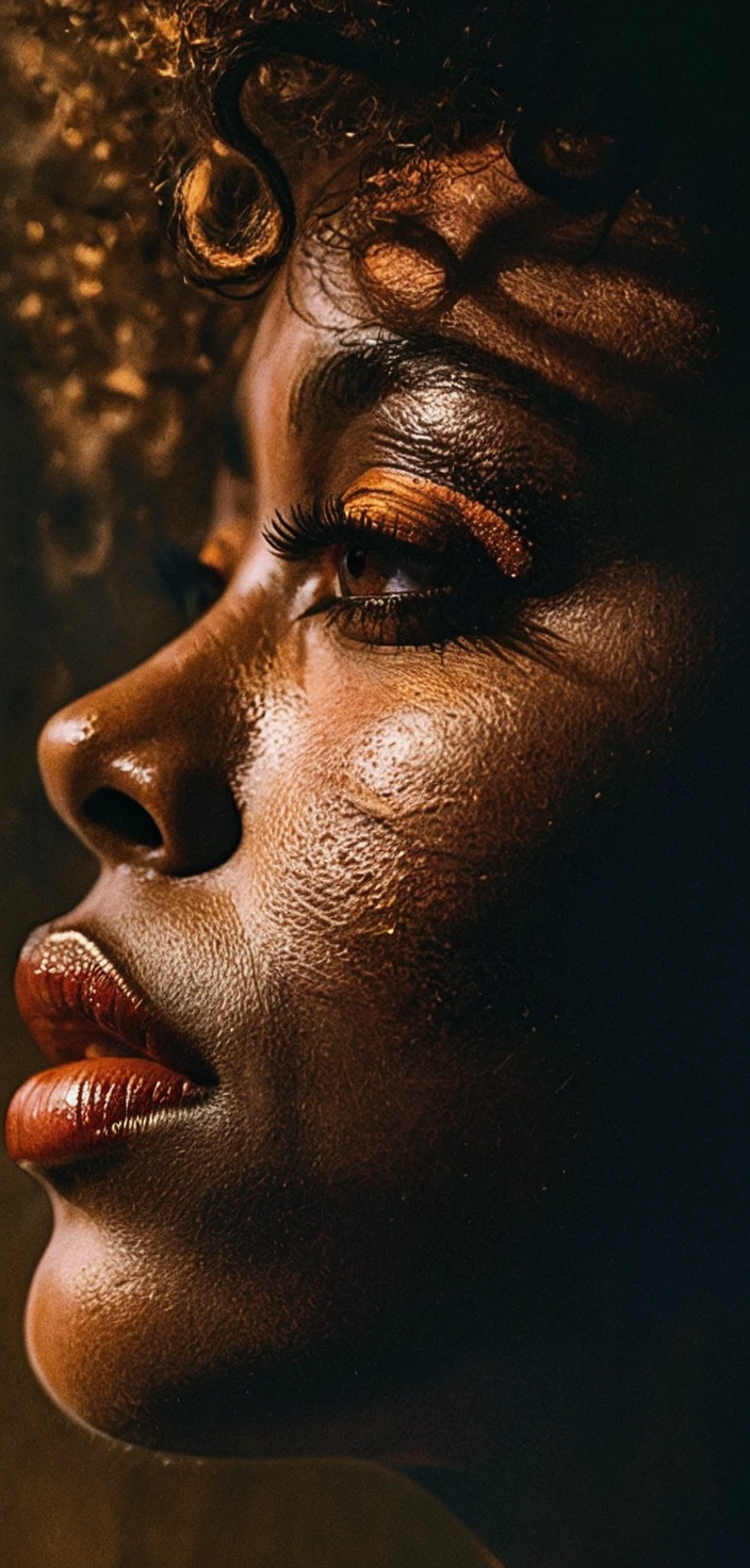 Profile close up of a young Black woman in harsh light