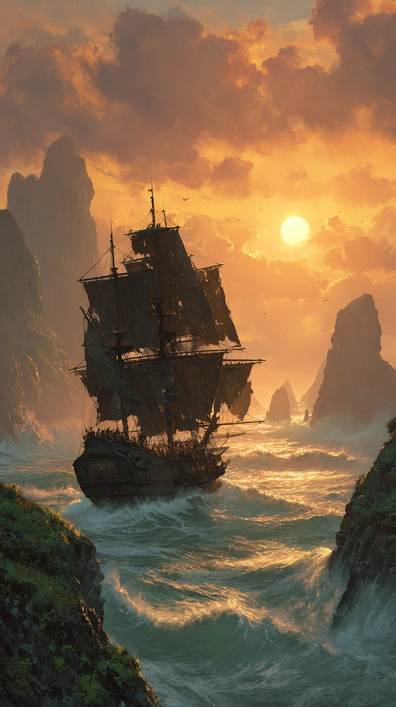 Navio pirata avançando em mar tempestuoso ao pôr do sol