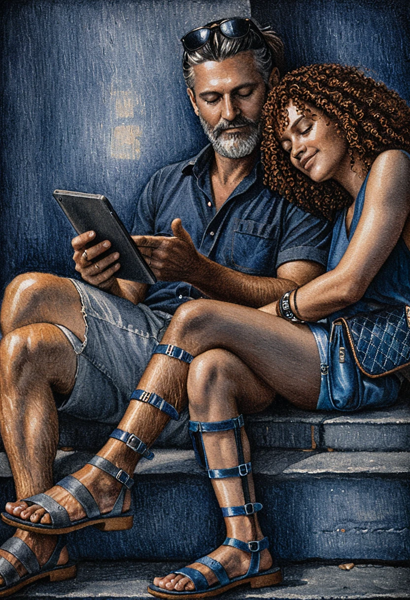 Casal carinhoso em degraus de pedra em desenho a lápis de cor