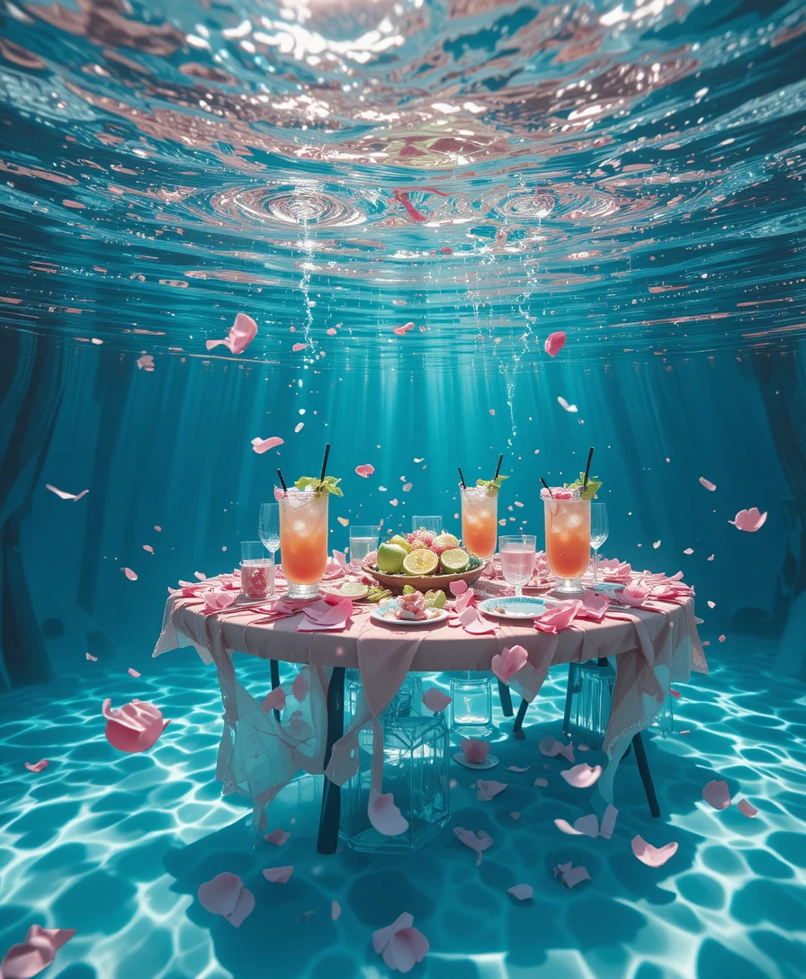 Surreales Kirschblüten-Picknick in einem klaren Pool versunken