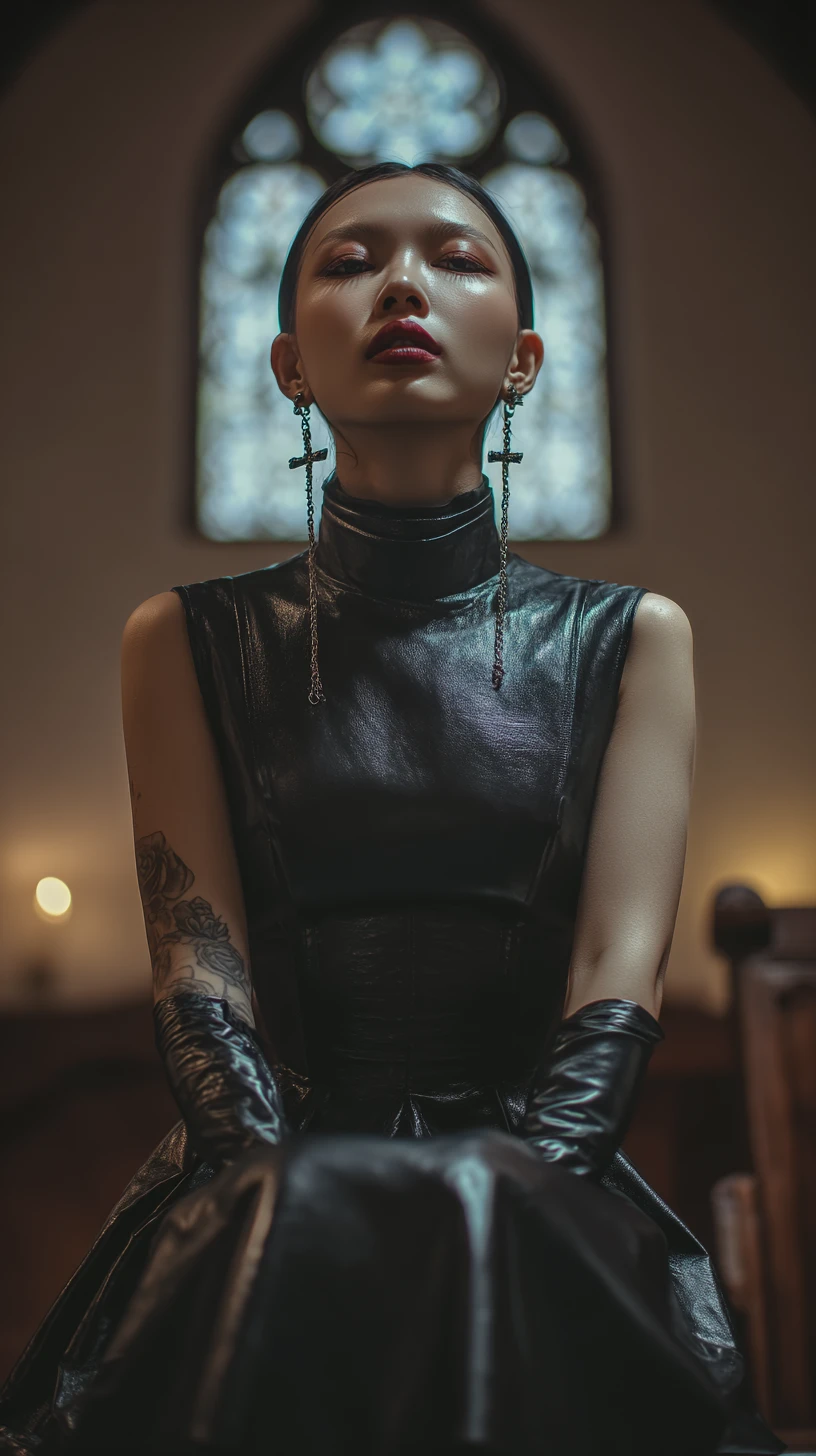 Donna tatuata in abito nero seduta sul banco di una chiesa