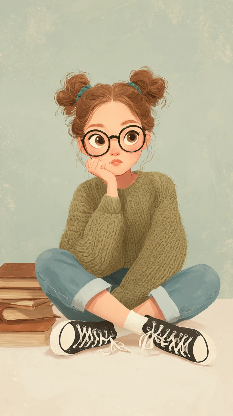 Jeune fille pensive avec des lunettes assise au sol