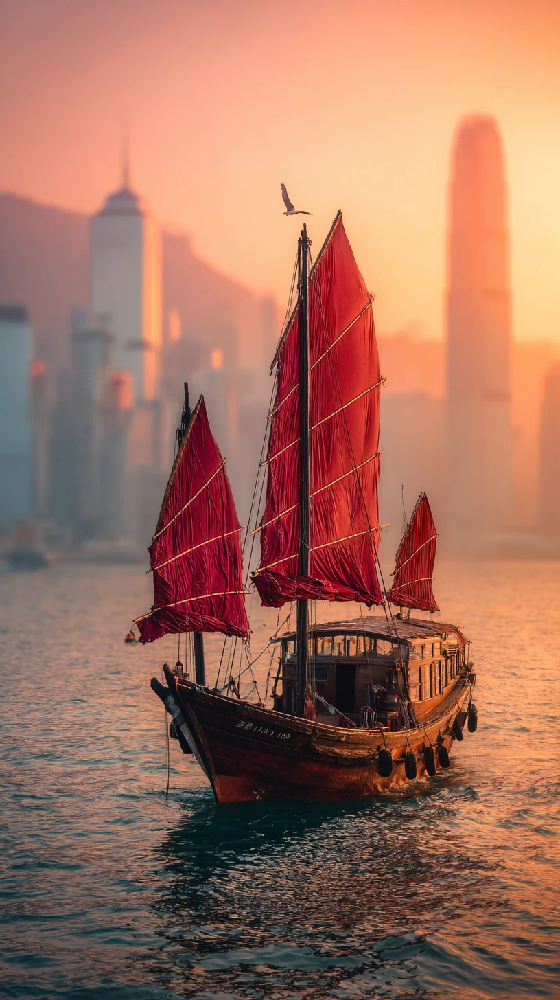 Barco junco de Hong Kong ao pôr do sol diante do horizonte da cidade