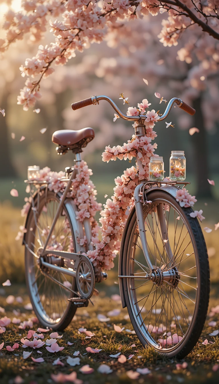 Bicicleta vintage coberta de flores de cerejeira e vaga-lumes