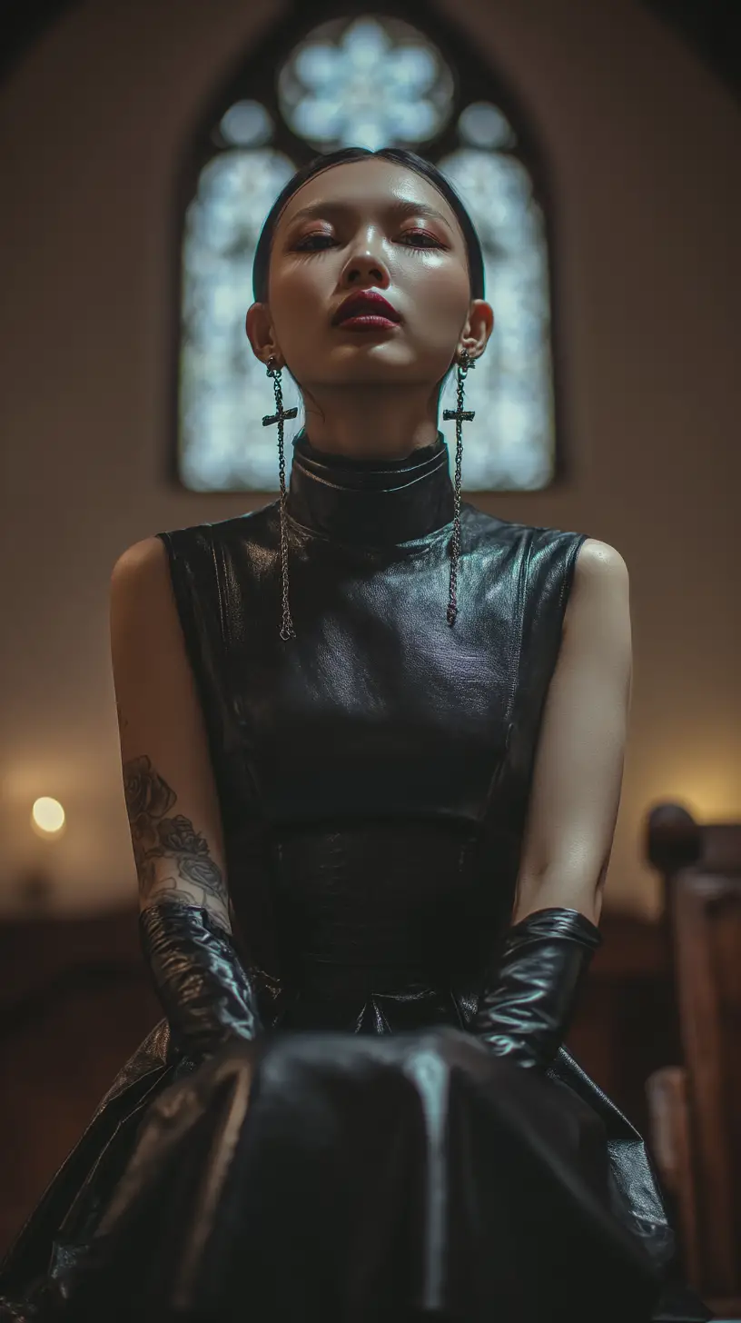 Femme tatouée en robe noire assise sur un banc d’église